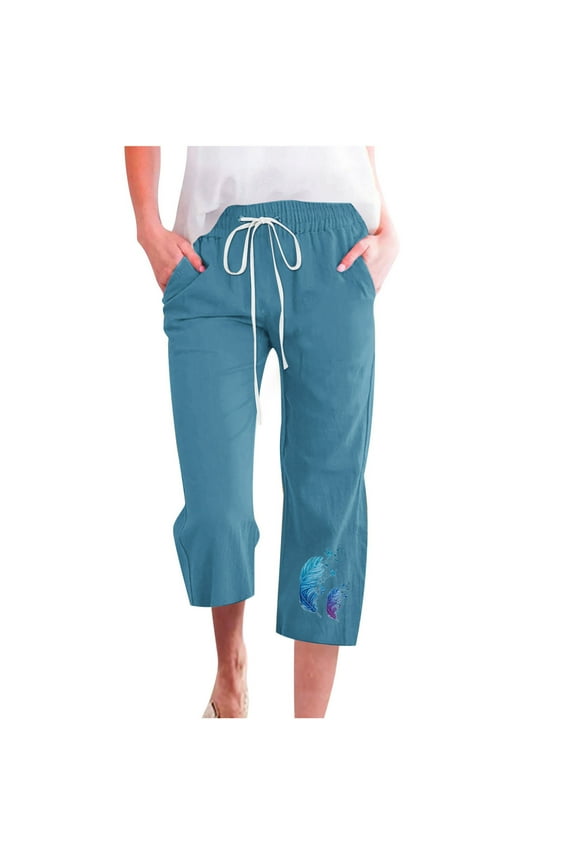 Womens Capris Pants For Women Casual Cotton Linen 3/4 Pants Wide Leg Capris Lightweight Baggy Cropped Lounge Trousers Dressy Casual Cargo Pants Summer 2023 Trendy Trousers Blue 4