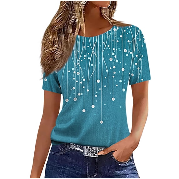 Olyvenn Womens Casual Crew Neck Short Sleeve Pleated Tops Blouses Fashion Graphic Clothes 2025 Summer Trendy Tees Blue L