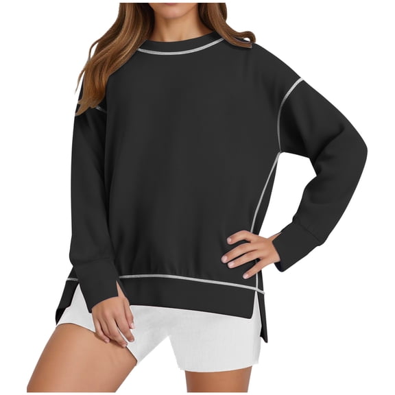 Olyvenn Womens Casual Crewneck Sweatshirts Long Sleeve Oversized Trendy Contrast Stitching Fall Pullover Tops Black M
