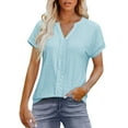 thumbnail image 1 of Olyvenn Womens Casual Eyelet V Neck Short Sleeve Loose Fit Tee Shirts Tunic Shirts Dressy Blouses Business Work T Shirt Light Blue M, 1 of 9