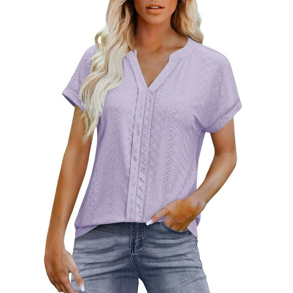 Olyvenn Womens Casual Eyelet V Neck Short Sleeve Loose Fit Tee Shirts Tunic Shirts Dressy Blouses Business Work T Shirt Purple S