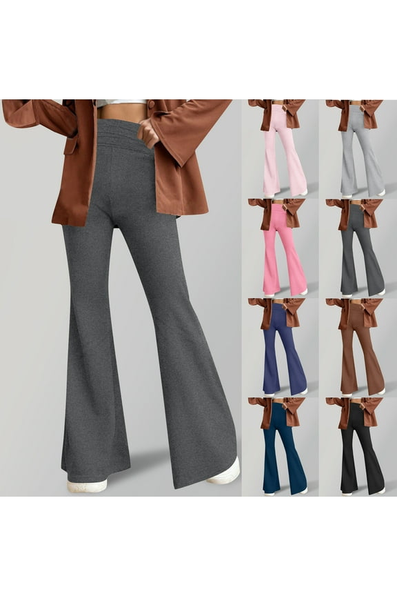 Womens Casual Flare Wide Leg Pants Fashion Ruched Stretchy High Waist Palazzo Lounge Pants Bell Bottom Yoga Trousers Brown M