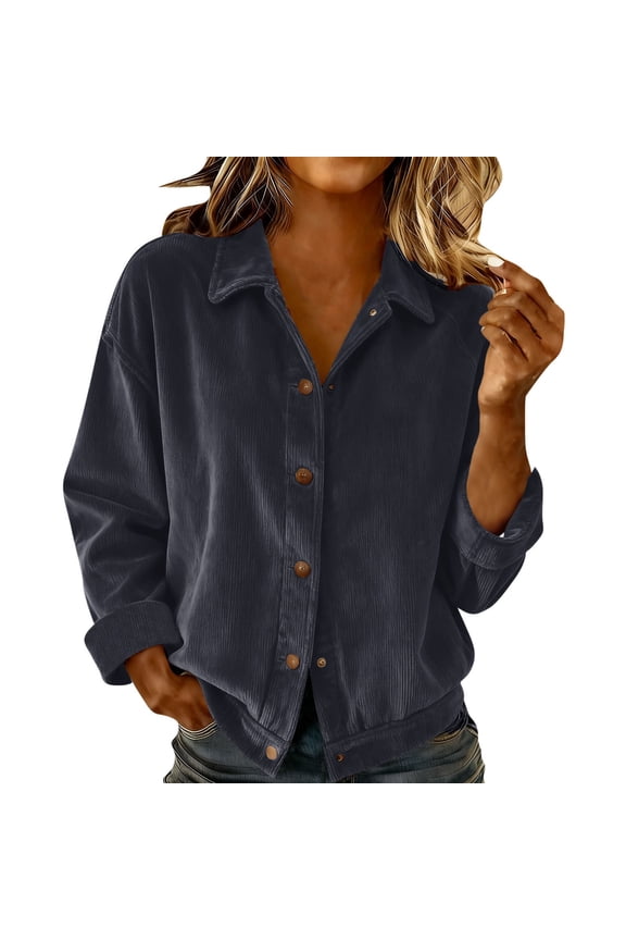 Womens Casual Long Sleeve Button Down Shirts Corduroy Oversized Fashion Blouse V Neck Loose Jacket Dressy Casual Tops Gray XXL
