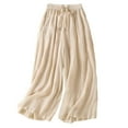 thumbnail image 1 of Olyvenn Womens Casual Palazzo Pants Boho Wide Leg Trousers Drawstring High Waist Floral Embroidery Loose Baggy Lounge Pants Beige M, 1 of 3