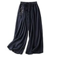 thumbnail image 1 of Olyvenn Womens Casual Palazzo Pants Boho Wide Leg Trousers Drawstring High Waist Floral Embroidery Loose Baggy Lounge Pants Navy L, 1 of 3
