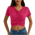 thumbnail image 1 of Olyvenn Womens Casual Short Sleeve Crop Tops Slim Ruched V Neck Solid Color Pullover 2025 Summer Trendy Going Out Shirt Top Hot Pink S, 1 of 7