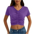 thumbnail image 1 of Olyvenn Womens Casual Short Sleeve Crop Tops Slim Ruched V Neck Solid Color Pullover 2025 Summer Trendy Going Out Shirt Top Purple L, 1 of 7