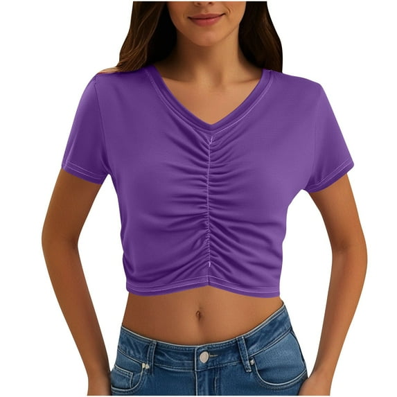 Olyvenn Womens Casual Short Sleeve Crop Tops Slim Ruched V Neck Solid Color Pullover 2025 Summer Trendy Going Out Shirt Top Purple XL