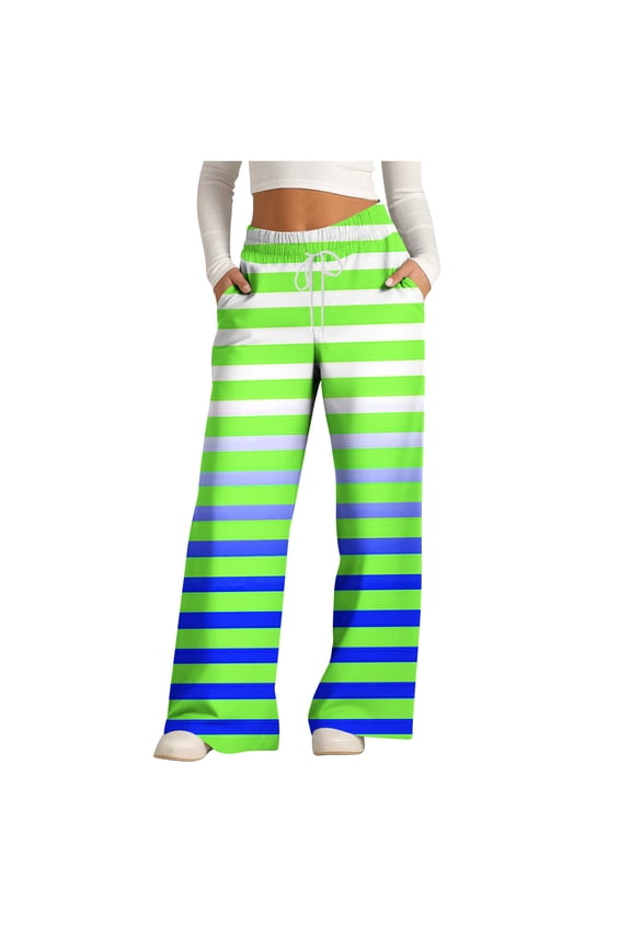 Womens Casual Striped Wide Leg Pants Spring Fashion Gradient Elastic Waist Drawstring Knit Loose Soft Pajama Lounge Pants Green 8