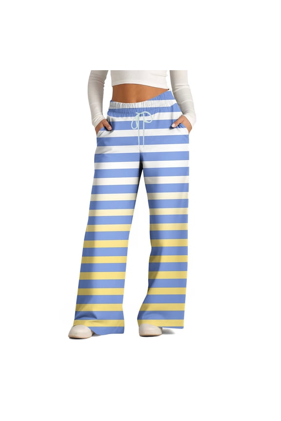 Womens Casual Striped Wide Leg Pants Spring Fashion Gradient Elastic Waist Drawstring Knit Loose Soft Pajama Lounge Pants Yellow 4