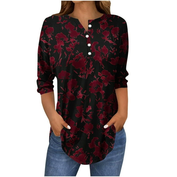 Olyvenn Womens Casual Tops,Womens Tops 3/4 Sleeve Button Down Shirts V Neck Loose Casual Blouses Floral Print Tshirts Multicolor L