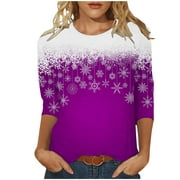 Olyvenn Womens Christmas Plus Size T-Shirts Winter Warm Boat Neck Fall Tops Dressy Casual Autumn Lady Blouse Raglan 3/4 Sleeve Pullover Funny Snowflake Patchwork Tees Outfits Fashion Purple 12
