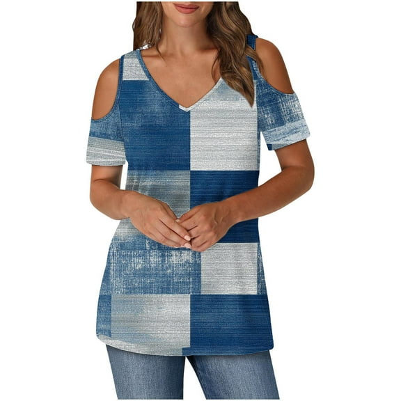 Olyvenn Womens Cold Shoulder Tops Dressy Casual Short Sleeve V Neck Shirts 2025 Summer Trendy Sexy Cut Out Basic Tees Navy XL
