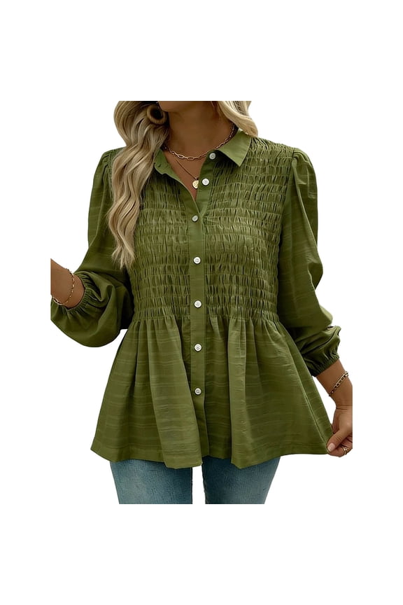 Womens Collared Peplum Shacket Smocked Front Button Down Puff Three Quarter Sleeve Flared Hem Loose Silhouette for Office Commute Coffee Meetup Green XL