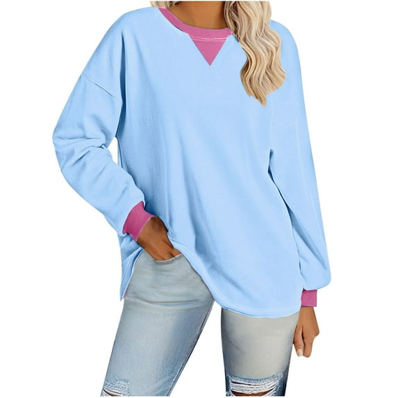 Olyvenn Womens Color Block Oversized Sweatshirt 2024 Fall Long Sleeve Crew Neck Shirt Y2k Casual Pullover Tops Plus Size Shirts Sky Blue 4