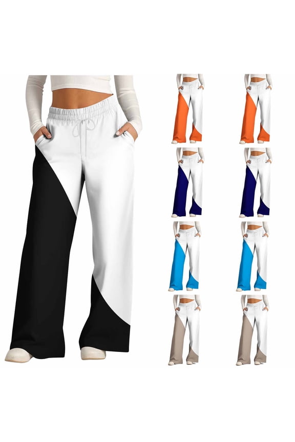 Womens Color Block Pants Casual Boho Wide Leg Drawstring Pants Trendy Elastic Waist Loose Lounge Trousers Black 4