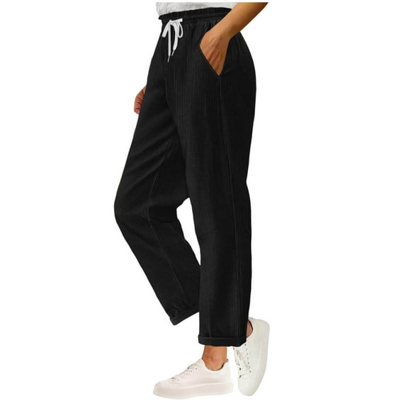 Olyvenn Womens Corduroy Pants Baggy Drawstring High Waisted Straight Leg Trousers Business Casual Work Pants with Pockets Black M