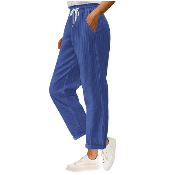 Olyvenn Womens Corduroy Pants Baggy Drawstring High Waisted Straight Leg Trousers Business Casual Work Pants with Pockets Blue XXL