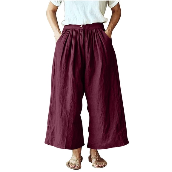 Olyvenn Womens Cotton Cropped Pants 2025 Loose Fit Wide Leg Capri Casual Plus Size Summer Elastic Waist Trousers Beach Pant Red XL