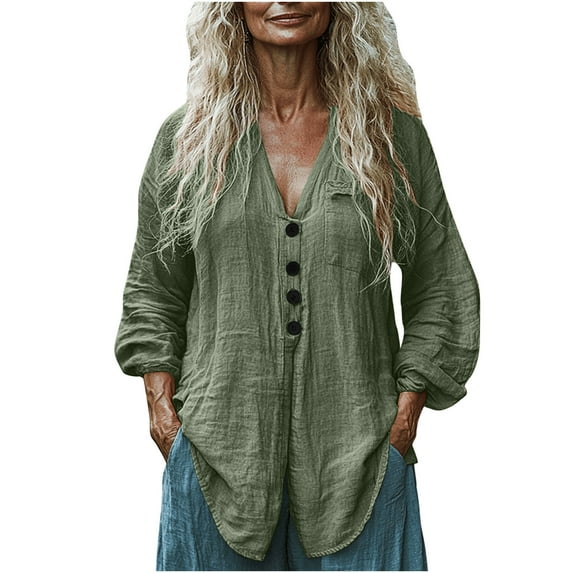 Olyvenn Womens Cotton Gauze Long Sleeve Button Down Linen Shirts Summer Casual V Neck Blouse Loose Beach Vacation Tunic Top Army Green M