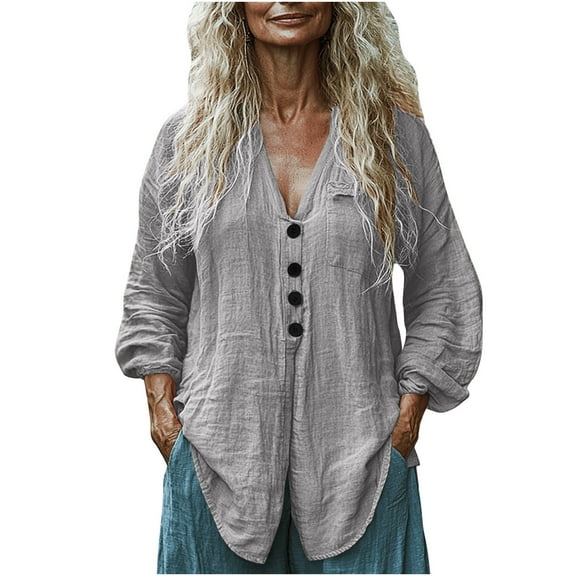 Olyvenn Womens Cotton Gauze Long Sleeve Button Down Linen Shirts Summer Casual V Neck Blouse Loose Beach Vacation Tunic Top Gray S