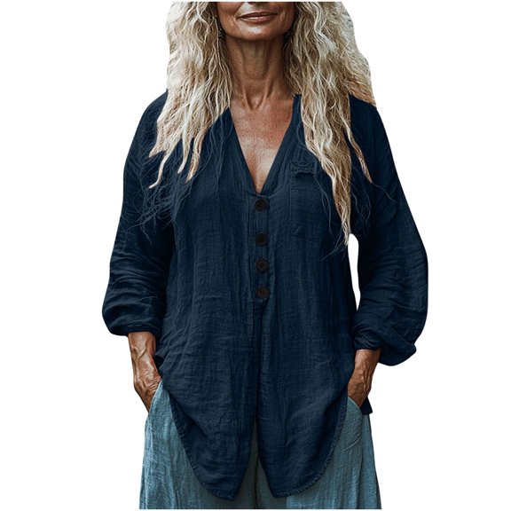 Olyvenn Womens Cotton Gauze Long Sleeve Button Down Linen Shirts Summer Casual V Neck Blouse Loose Beach Vacation Tunic Top Navy S