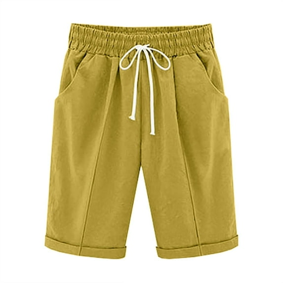 Olyvenn Womens Cotton Linen Bermuda Shorts Summer Lightweight Straight Leg Knee Length Beach Short Pants with Drawstring Yellow M