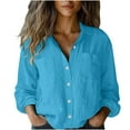 thumbnail image 1 of Olyvenn Womens Cotton Linen Button Down Shirt 2025 Fall Casual Long Sleeve Solid Color Shirts Loose Work Tops with Pockets Blue S, 1 of 6