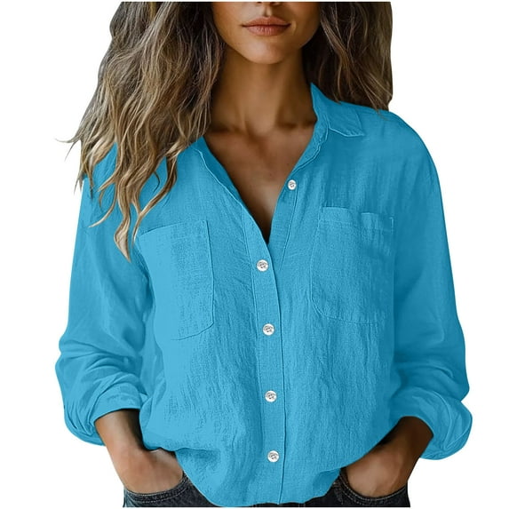 Olyvenn Womens Cotton Linen Button Down Shirt 2025 Fall Casual Long Sleeve Solid Color Shirts Loose Work Tops with Pockets Blue S