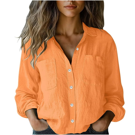 Olyvenn Womens Cotton Linen Button Down Shirt 2025 Fall Casual Long Sleeve Solid Color Shirts Loose Work Tops with Pockets Orange XXL