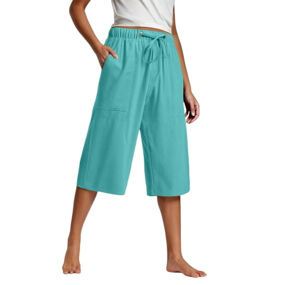 Olyvenn Womens Cotton Linen Capris with Pockets Loose Fit Casual Cropped Pants Lightweight Wide Leg Drawstring Elastic Waist Pants Sky Blue XXXXL