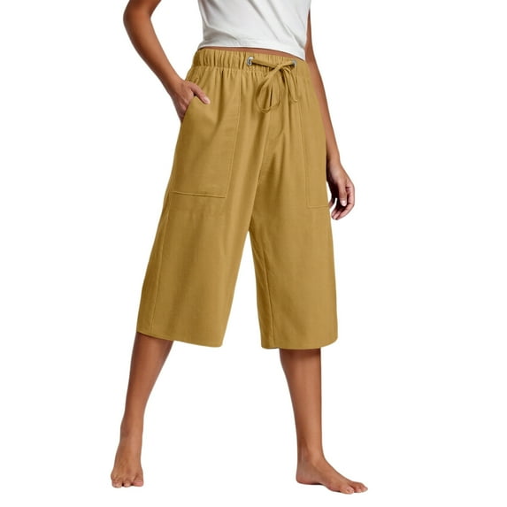 Olyvenn Womens Cotton Linen Capris with Pockets Loose Fit Casual Cropped Pants Lightweight Wide Leg Drawstring Elastic Waist Pants Yellow L