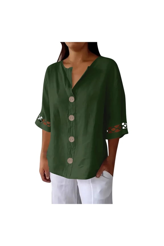 Womens Cotton Linen Shirt Summer Eyelet 3/4 Sleeve V Neck Button Down Blouses Business Casual Solid Color Tops Army Green M
