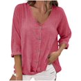 thumbnail image 1 of Olyvenn Womens Cotton Linen Shirts 2025 Summer Button Down V Neck 3/4 Sleeve Tops Vacation Beach Blouses Casual Loose Tops Pink S, 1 of 6