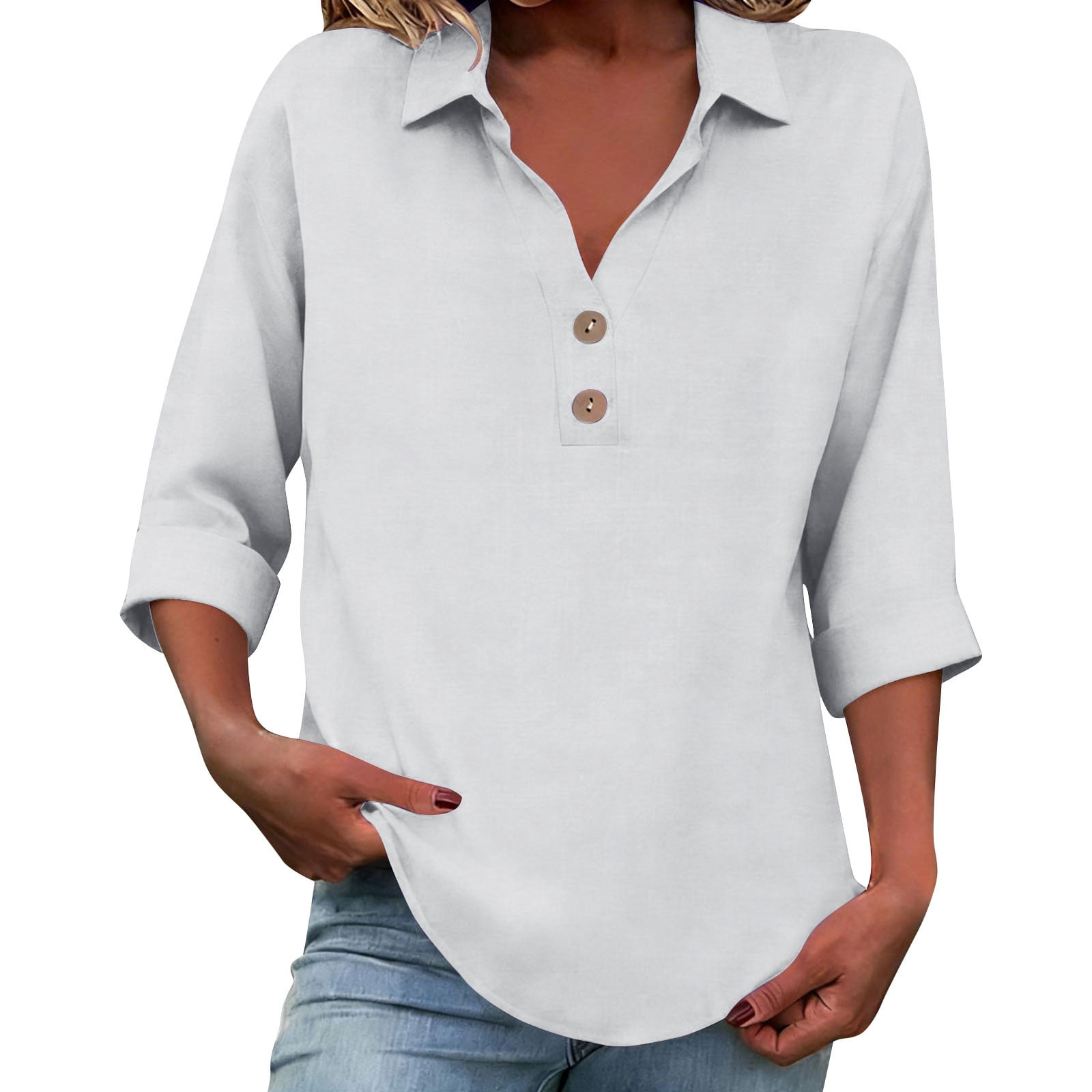 Olyvenn Womens Cotton Linen Shirts 3/4 Sleeve Button V Neck Collared ...