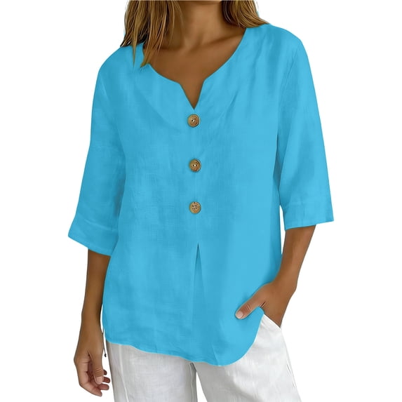 Olyvenn Womens Cotton Linen Shirts Button Short Sleeve V-Neck Blouse Dressy Casual Trendy Fashion Oversized Tunic Tops Blue L