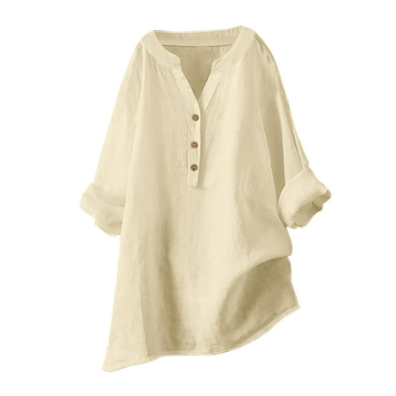 Olyvenn Womens Cotton Linen Shirts Solid 3/4 Sleeve Tunic Tops Oversized Tshirts Casual V Neck Dressy Blouses Beige M