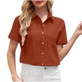 thumbnail image 1 of Olyvenn Womens Cotton Linen Short Sleeve Shirts Casual Button Down Collared V Neck Solid Blouses Summer Beach Work Tops 2025 Orange S, 1 of 6