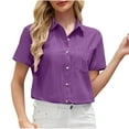 thumbnail image 1 of Olyvenn Womens Cotton Linen Short Sleeve Shirts Casual Button Down Collared V Neck Solid Blouses Summer Beach Work Tops 2025 Purple L, 1 of 6