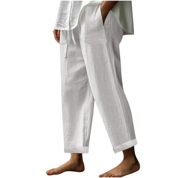 Olyvenn Womens Cotton Linen Tapered Pants Quick Dry Summer Drawstring Elastic Waist Boho Pants Casual Trousers with Pockets White XXL