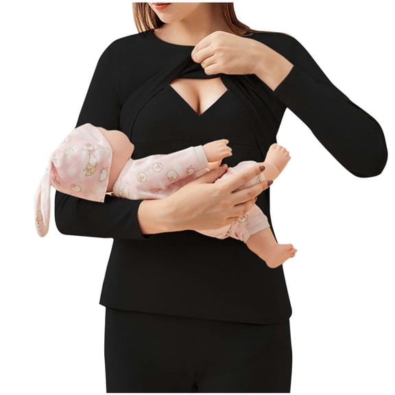 Olyvenn Womens Cotton Nursing Tops Plus Size Long Sleeves Crew Neck Maternity Shirts Solid Color Comfy and Soft Tunic Blouse Black 8