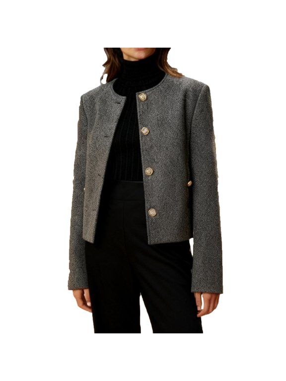Womens Crew Neck Metal Single Button Short Solid Commuter Blazer, Long Sleeve Slim Cut Side Hand Pockets Straight Silhouette Gray M