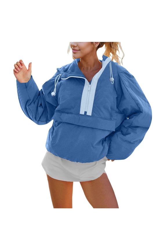 Womens Crew Neck Pullover Puffer Long Sleeve Loose Jacket Half Zip Hooded Lightweight Coat with Drawstring Blue L