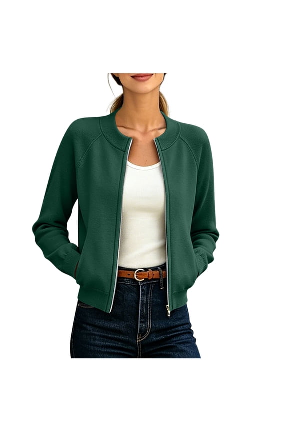 Womens Crew Neck Raglan Zip Up Short Knit Bomber Cardigan, Long Sleeve Side Hand Pockets Relaxed Fit for Backyard Gatherings Casual Errands Green XL