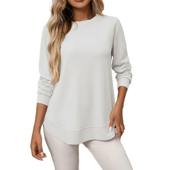 Olyvenn Womens Crewneck Shirts Fashion Solid Color Long Sleeve Loose Fit Sweatshirts Fall Casual Comfort Tunic Tops White XXL