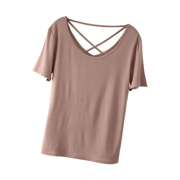 Olyvenn Womens Criss Cross Short Sleeve Basic Plain Tee T-Shirt Breathable Soft Blouses Shirt Solid Color Casual Tie Back Sport Tunic Top Khaki 12