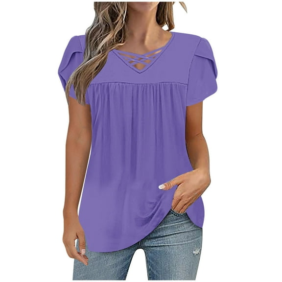 Olyvenn Womens Criss Cross V Neck Shirts Petal Sleeve Pleated Tunic Tops Solid Color Summer Blouse Loose Fit Comfy T-Shirt Purple XL