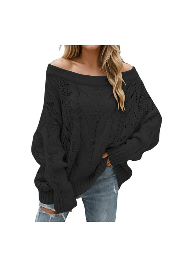 Womens Crochet Sweaters Off Shoulder Cable Knitted Sweater Relaxed Fit Jumper Knit Tops Casual Trendy Pullover Black L