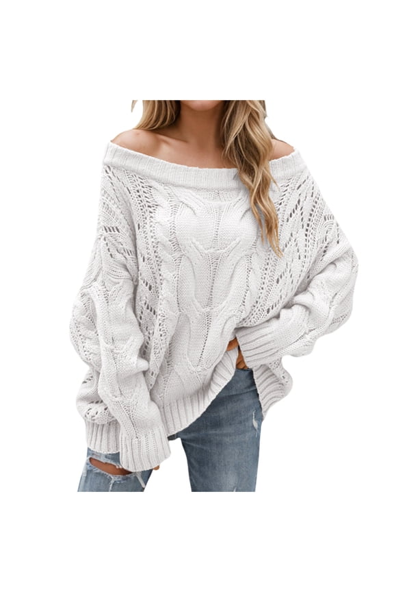 Womens Crochet Sweaters Off Shoulder Cable Knitted Sweater Relaxed Fit Jumper Knit Tops Casual Trendy Pullover White XL
