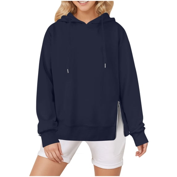 Olyvenn Womens Cropped Hoodies Casual Loose Fit Hooded Sweatshirts Cute Fashion Solid Side Slit Drawstring Pullover Tops Navy 6